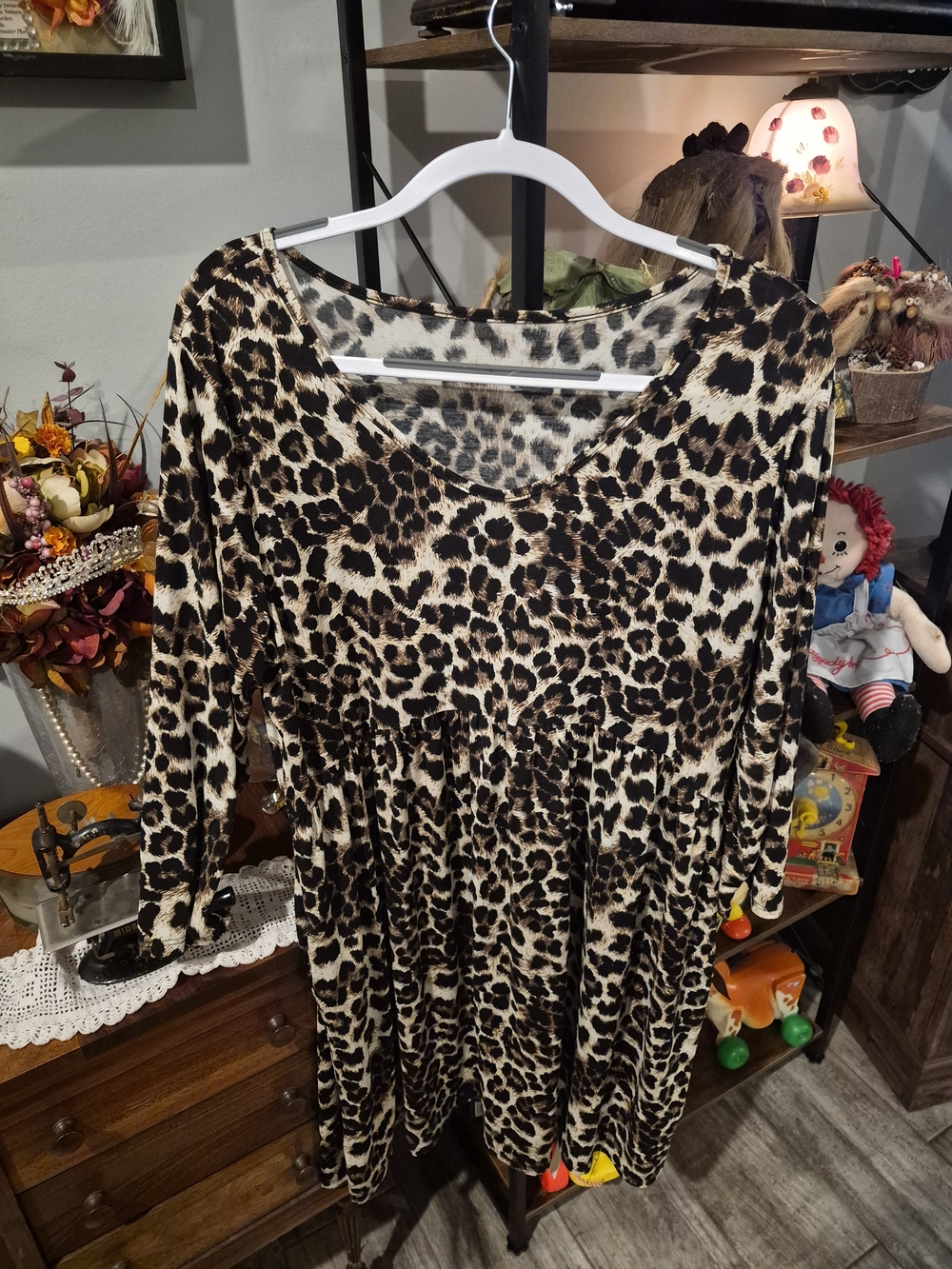 Leopard Print V-Neck Babydoll Dress - Brown & Black